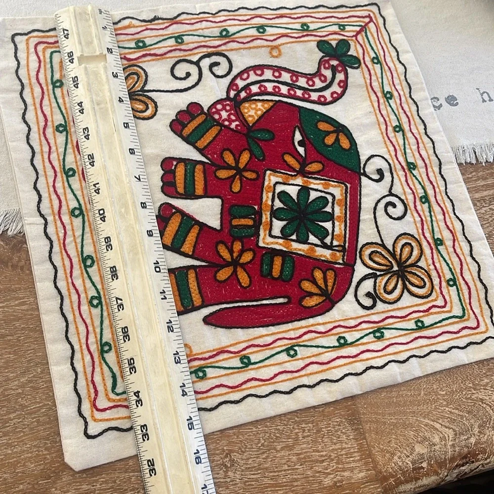 Colorful Elephant Embroidered Pillow Cover/ India made